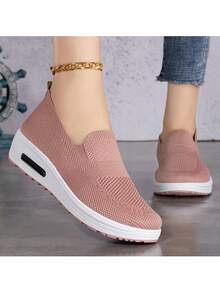 Women's Breathable Mesh Slip-On Air Cushion Walking Shoes, Comfortable Platform Wedge Sneakers, Casual Rocking Shoes For Daily Wear - 粉色 - 查看 3