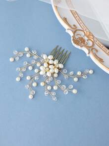 1 pieza Peine lateral de aleación dorada con perlas falsas para mujer, accesorio de cabello elegante para actuaciones, citas, ceremonia de mayoría de edad - oro - Ver 2