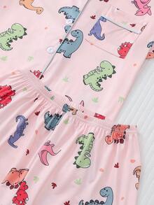 2pcs/Set Women's Pajama Set, Cute Dinosaur Family Print, Women's Loungewear, Spring/Summer Holiday Outfit, Short Sleeve Lapel Top And Shorts Wearable Set - Pink - View 5