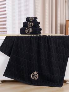 QIBHI Bộ khăn bông cotton nguyên chất thêu jacquard gồm khăn lau tay (13.38*29.52in), khăn tắm cotton terry (19.68*35.43in) và khăn tắm phong cách châu Âu (27.55*55.11in), phù hợp cho phòng tắm gia đình, xông hơi, trang trí phòng tắm - màu đen - Xem 3