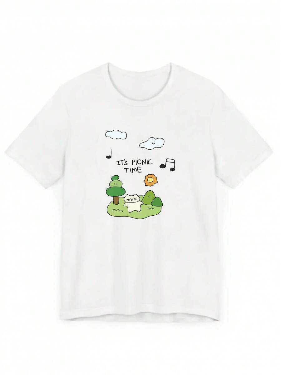 Minimalist. 100% Cotton. New Spring/Summer 2020 Collection. "Picnic Time" Cartoon Print. Women's Short-Sleeved, Crew Neck T-Shirt. Spring/Summer Top. - 白色 - 查看 1