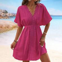 Faux Silk Beach Dress With Lace And Ruffles; Top To Pair With A Bikini - Hot Pink - View 1