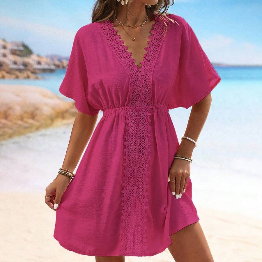 Faux Silk Beach Dress With Lace And Ruffles; Top To Pair With A Bikini - Hot Pink - View 1