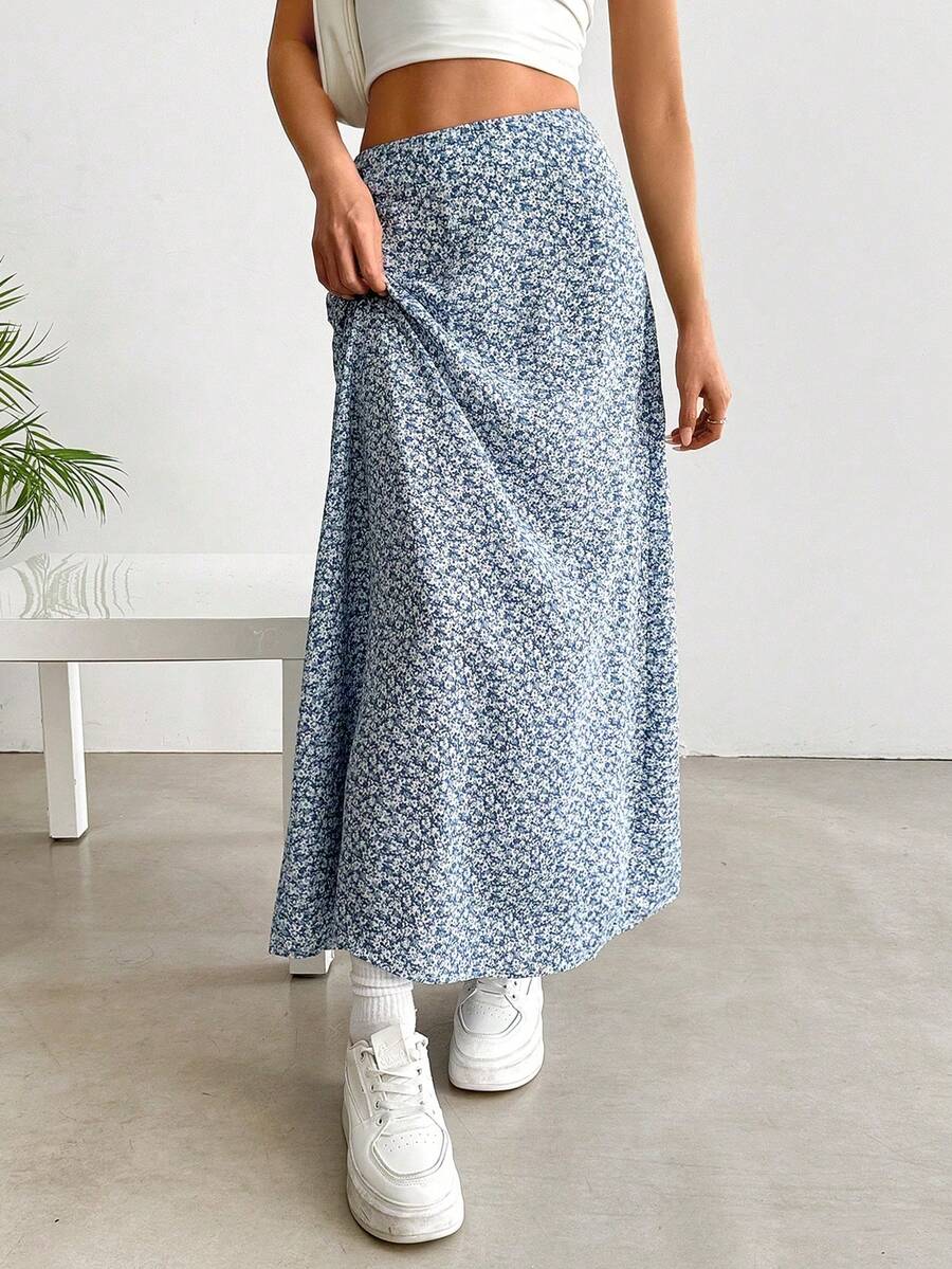 [Free Shipping] Women's High Waisted Long Ditsy Floral Casual Skirt For Resort Wear Skirt For Women Summer Skirt Vacation Skirt - 藍色 - 查看 1