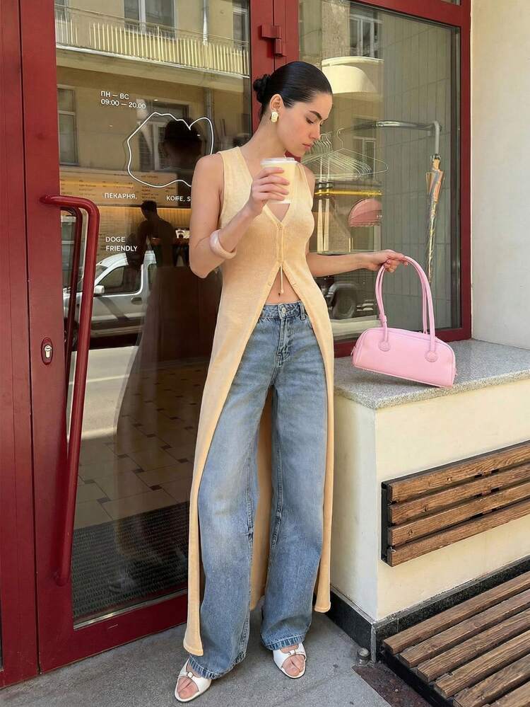 Áo khoác cardigan dài không tay cổ chữ V sâu, mỏng nhẹ, màu trơn dành cho nữ HoloChill 2026, kiểu dáng thường ngày, thích hợp mặc nhiều lớp vào mùa hè, trang phục dự tiệc, đi biển, kỳ nghỉ hè cho nữ, áo khoác cardigan dài mở phía trước thanh lịch cho nữ. - Màu be - Xem 4