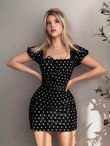 Vestido mini sexy con estampado de lunares retro estilo universitario para mujer - Blanco y Negro - Ver 1