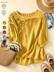 Women's Spring Summer Autumn Vintage Elegant Casual Minimalist Boho Embroidered Blouse, And Outings Yellow Vacation - Yellow - View 2