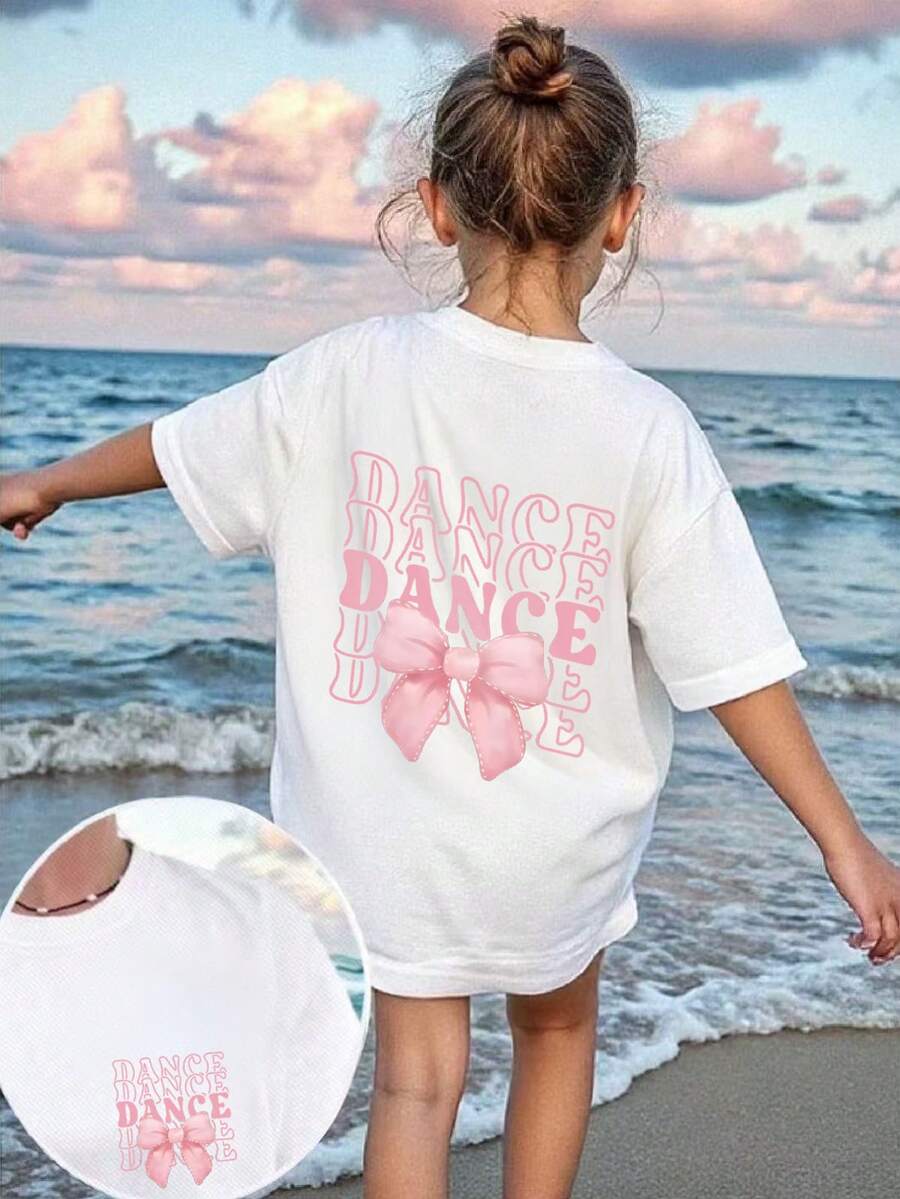 少女款“DANCE”字母蝴蝶结卡通印花柔软舒适T恤,适合户外运动、日常休闲穿着、街头校园风,时尚百搭的春夏上衣 - 白色 - 查看 1