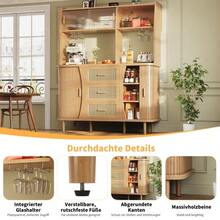 Aparador de alta calidad con aspecto de ratán y puertas correderas de cristal, mueble de cocina de 174,5 cm de altura con espacio de almacenamiento, aspecto de madera natural/nogal, capacidad de carga de hasta 60 kg. - madera - Ver 11