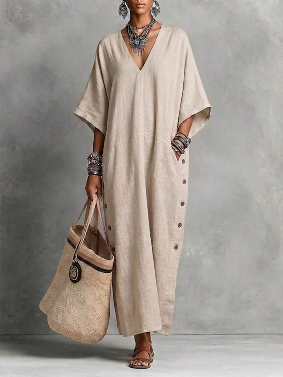 2026 New Linen Loose V-Neck Side Button Vacation Casual Long Dress - Khaki - View 1