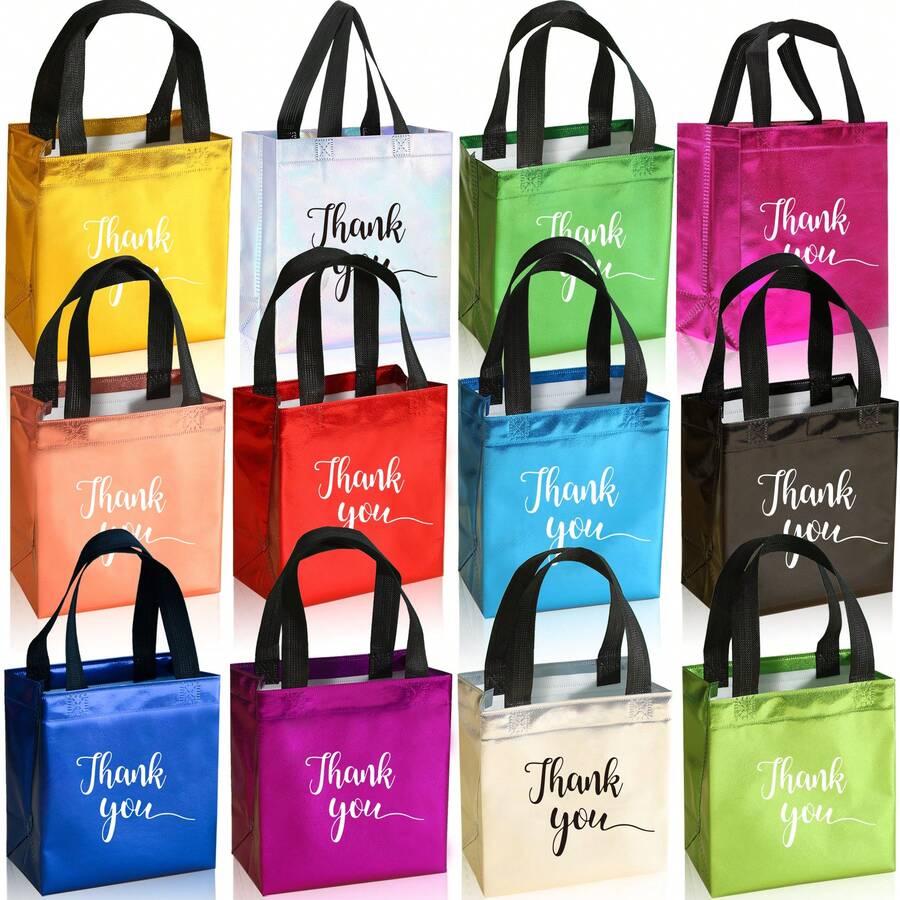 12個小禮物袋，印有「Thank You」7.8英吋可重複使用亮面派對用品袋，適用於聖誕節、生日、嬰兒洗禮派對、婚禮和購物