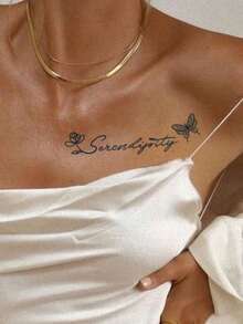 1pc Simple Line Rose Butterfly Serendipity English Short Sentence Pattern Tattoo Sticker, Temporary Tattoo Sticker, Simulated Tattoo Design, Suitable For Travel, Music Festival, Games, Graduation Gifts, Lasts For 3-5 Days - Black - View 5