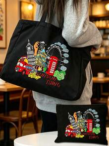 倫敦圖案輕量商務休閒字母購物袋與化妝包，字母「ITS A London THING」手提包、托特包、單肩包、收納袋、盥洗包、旅行化妝包、畢業背包、便攜式化妝收納袋，獨特的教師節禮物、生日禮物、節日禮物、派對禮物、度假禮物、婚禮禮物及開學禮物，適合辦公室、大學、商務、通勤、戶外、旅行、戶外活動 - 彩色 - 查看 12
