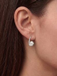 S925 Silver Teardrop Pearl Stud Earrings, Silver/Gold Minimalist C-Shaped Earrings, Hypoallergenic Jewelry For Pierced Ears, Suitable For Elegant, Fashionable Women, Great For Valentine's Day, Birthday, Party, And Daily Wear, Come With A Delicate Gift Box - Silver - View 7