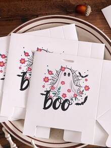 Halloween Paper Gift Box, White Cartoon Ghost & Flower Pattern Gift Packaging Box, Black & Pink Ribbon Decoration, Boo Theme, Special Packaging For Ghost Festival Party & Celebration Events - View 10