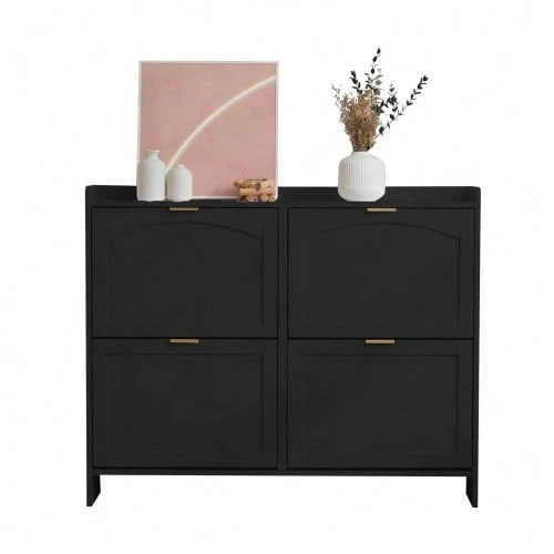 Modern Shoe Cabinet With 4 Flap Compartments, Freestanding Shoe Rack, Open Shelves, Suitable For Entrance Area Or Hallway - Black - View 1