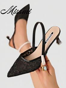 New Chinese Style White High Heel Mules, Pointed Toe Lace Embroidery Convertible Sandals For Women,Kitten Heels,Summer Shoes - Black - View 1