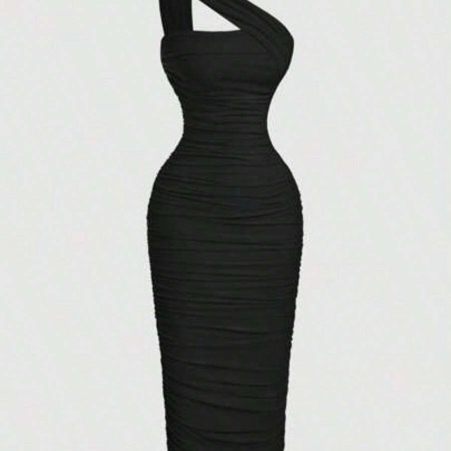 LunaCass8 X Belle Mariano MOD Vestido sin mangas con pliegues asimétricos de estilo vintage para mujer - Negro01 - Ver 1