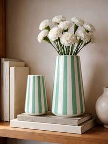 1 Stück gestreifte Vase mit weißen Rosen, minimalistische Wohnzimmer Tischdekoration, moderne ästhetische Blumen-Mittelstück, geometrische Muster Vase, Einweihungsgeschenk, Bohemian Stil Innendekoration - A - Übersicht 9
