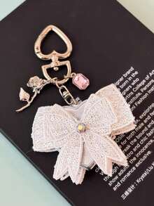 1pc Coquette Ballet Style Lace Bow Heart Pocket Mirror Keychain Cute Ribbon Flower Bag Charm Car Key Ring Girls Gift - Multicolor - View 8