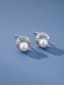 1 par de pendientes de botón de plata de ley S925 con perlas falsas versátiles para mujeres, accesorio de joyería para uso diario y combinación total, regalo de cumpleaños y festividades para amigas y mejores amigas - perla - Ver 2
