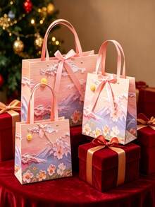 1個創意2D花卉油畫禮品盒、禮品袋、2D圖案禮品紙袋附緞帶、便攜式紙製禮品袋、奶油雲朵與花瓣設計。非常適合婚禮禮物、生日裝飾、婚禮派對贈品、情人節、生日派對、復活節、婚禮、母親節、桌面裝飾和禮品包裝用品 - 漸層色 - 查看 7