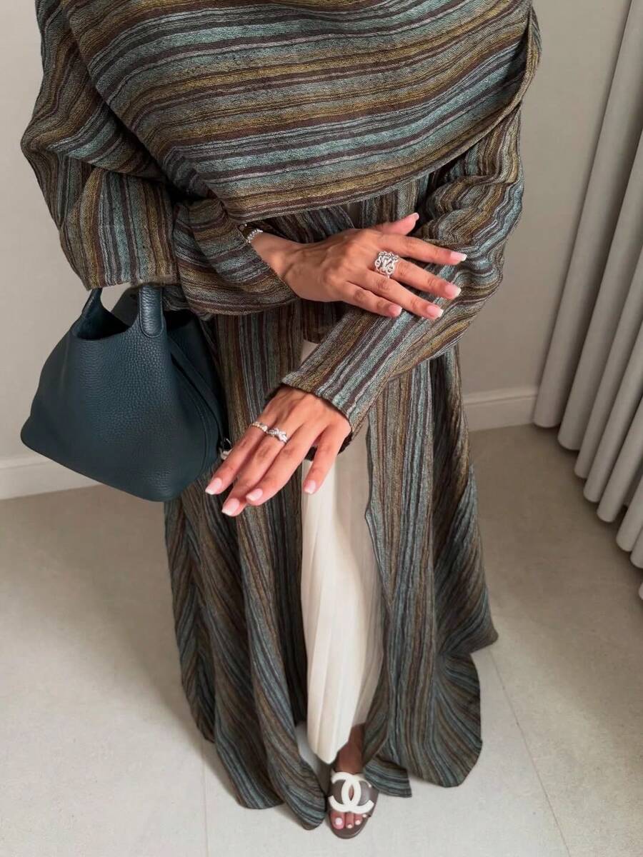 1pc Women's Long Robe, Vintage Striped Women's Long Robe, Breathable Long Sleeve Cardigan Fall - Green - View 1