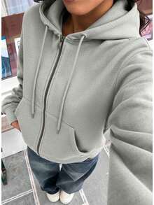 SHEI Women's Zip-Up Sweatshirt With Long Sleeves And Pocket, Casual Minimalist Style, Ideal For Graduation, Back To School, Teacher's Clothing, Fall/Winter Back To School - 灰色 - 查看 1