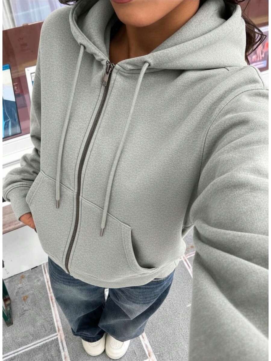 SHEI Women's Zip-Up Sweatshirt With Long Sleeves And Pocket, Casual Minimalist Style, Ideal For Graduation, Back To School, Teacher's Clothing, Fall/Winter Back To School - 灰色 - 查看 1