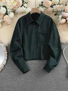 Camisa de mujer de manga larga a rayas, de solapa y abotonada, de uso versátil y casual para primavera - Verde militar - Ver 1