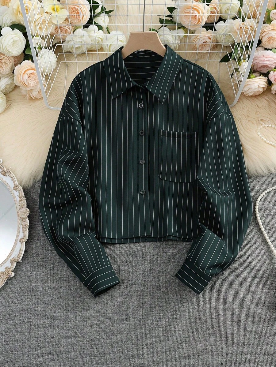 Camisa de mujer de manga larga a rayas, de solapa y abotonada, de uso versátil y casual para primavera - Verde militar - Ver 1