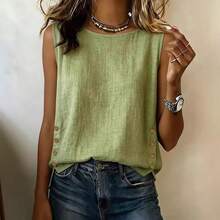 2026 Summer New Women's Round Neck Casual Loose Button Cotton Linen Solid Color T-Shirt - White - View 5