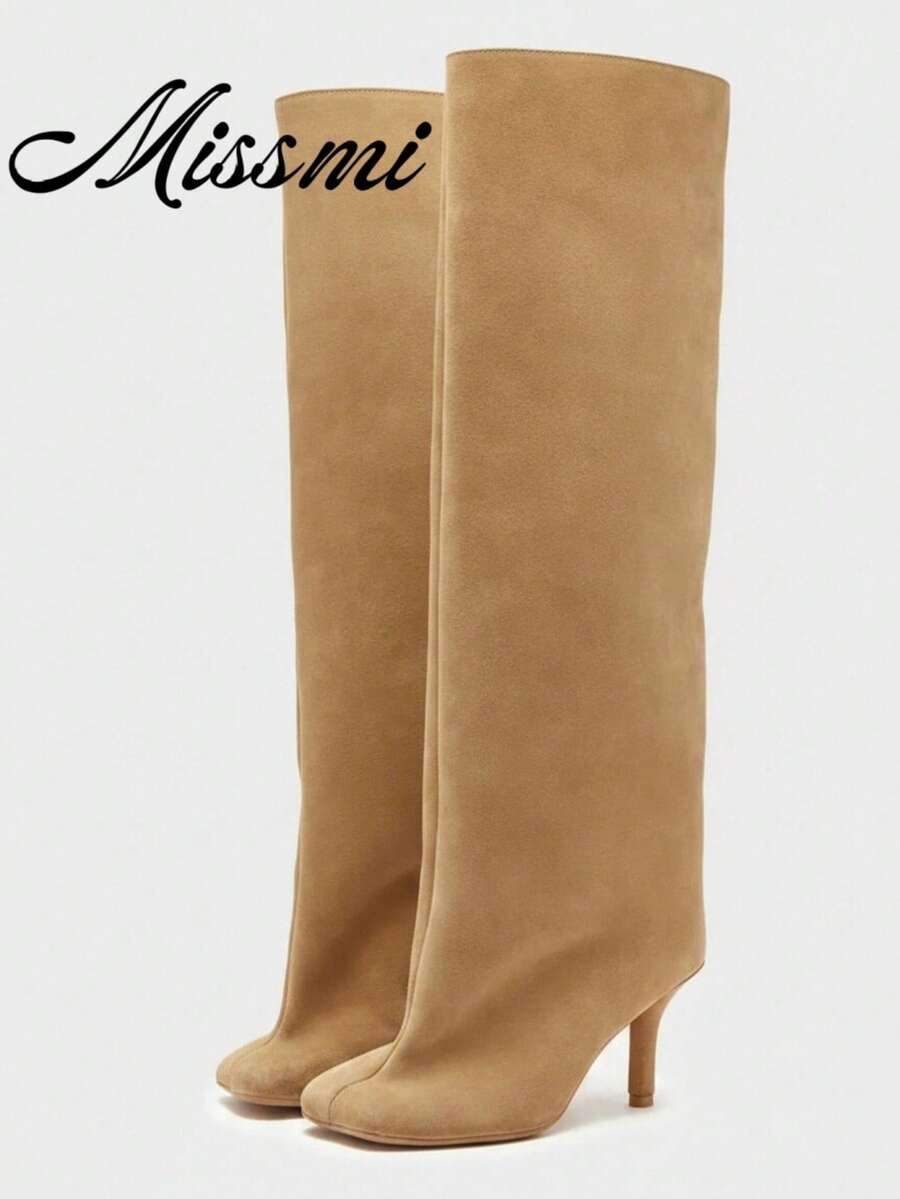 Bottes d'équitation à talon fin de design de niche, nouvelles bottes hautes droites mat pour femmes - Nude - Voir 1