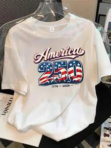 Camisa de mujer de manga corta y cuello redondo con el logotipo estampado que conmemora el 250 aniversario de los Estados Unidos, apta para todas las estaciones. - Blanco - Ver 1