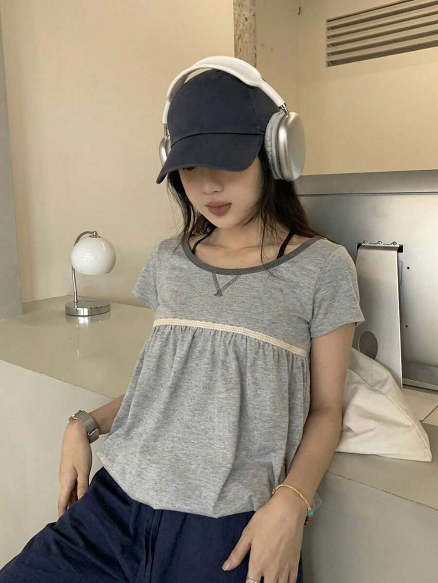 蕾絲拼接設計小眾修身荷葉邊花苞短袖T恤上衣休閒夏季款 - 灰色 - 查看 1