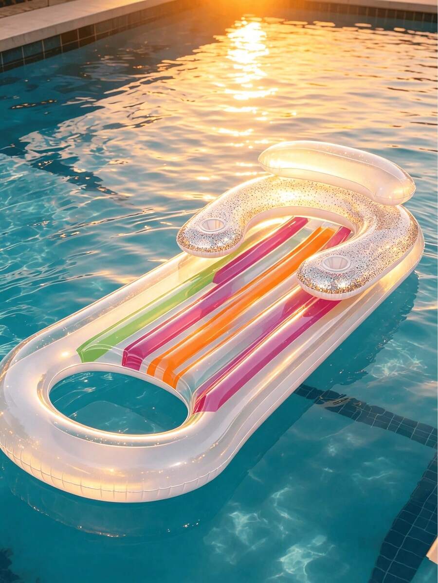 Cama flotante inflable para piscina con reposacabezas, cama de agua inflable con respaldo, estera de playa (bomba de aire no incluida), suministros estéticos para jardín al aire libre, con portavasos y soporte para el cuello, cama flotante inflable de PVC reforzado y balsa para piscina