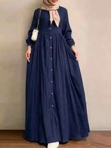 Women's Casual Conservative Minimalist Solid Color Single-Breasted Long Sleeve Arabic Dress, Suitable For Spring And Autumn - Navy Blue - View 2