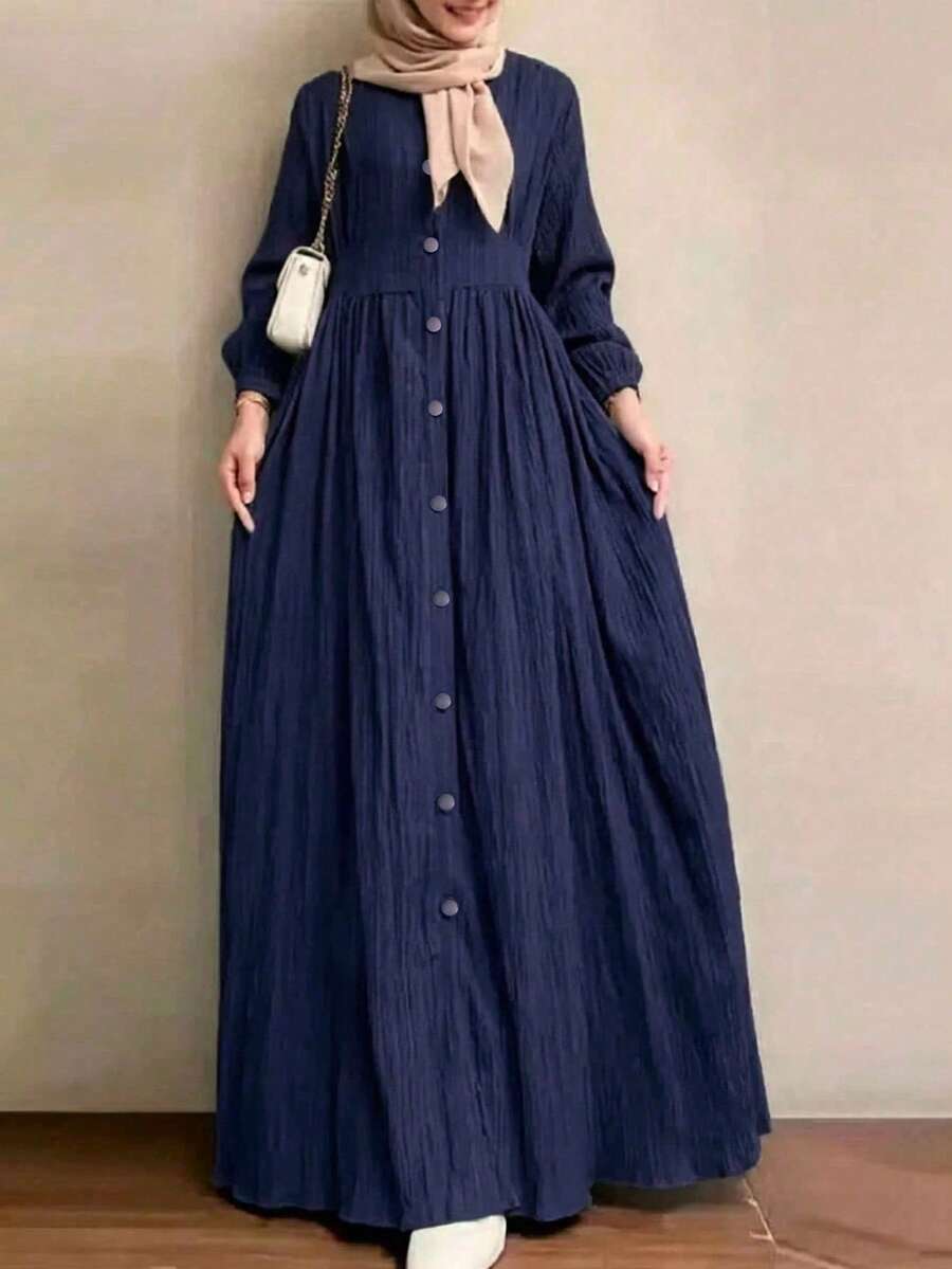 Women's Casual Conservative Minimalist Solid Color Single-Breasted Long Sleeve Arabic Dress, Suitable For Spring And Autumn