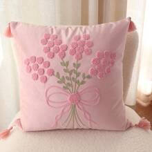 1 pieza Funda de almohada de terciopelo con bordado floral, adecuada para la decoración diaria del hogar - Rosa - Ver 5