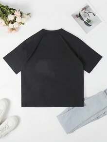 T-Shirt Nera Da Donna A Maniche Corte Con Stampa A Cartoni Animati Stile Y2K, Girocollo, Vestibilità Ampia, Stile Retrò. - 後退 - 查看 2