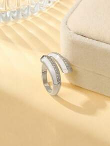 Gift Box Silver Open Ring, Zirconia Paved Crossed Arm Design, Minimalist Statement Ring For Women - Silver - View 4