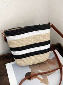 1 pezzo Borsa da spiaggia a quadri colorati, borsa a tracolla in paglia casual e pratica per donne, elegante borsa a tracolla, borsa da spiaggia per vacanze estive, può contenere portafoglio, borsetta, cosmetici, accessorio da viaggio essenziale, ottimo regalo per vacanze estive per la fidanzata o la mamma - Multicolore - Visualizzare 10