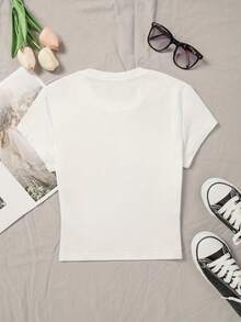 00008- Women's Fitted Top, Creative And Modern Whale Shark Print, Korean Style Y2K Short Sleeve Crew Neck T-Shirt By Pure Desire, Women's Clothing QHH2486 - 白色 - 查看 2