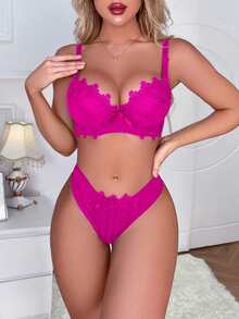 Luxury High-Quality Solid Color Push-Up Women's Bra Set Lace Patchwork Deep V Elegant Women's Lingerie Panty Set - Rose Red - View 1