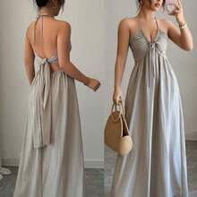 Neck Tie Backless Solid Color Casual Hollow A-Line Dress . - Gris - Ver 1