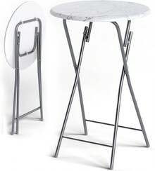 Foldable Marble Effect 60cm Round Bar Table Height 110cm Easy Care White Side Table For Cocktail Dining High Garden Patio Balcony Terrace - 白色大理石紋理效果 - 查看 6
