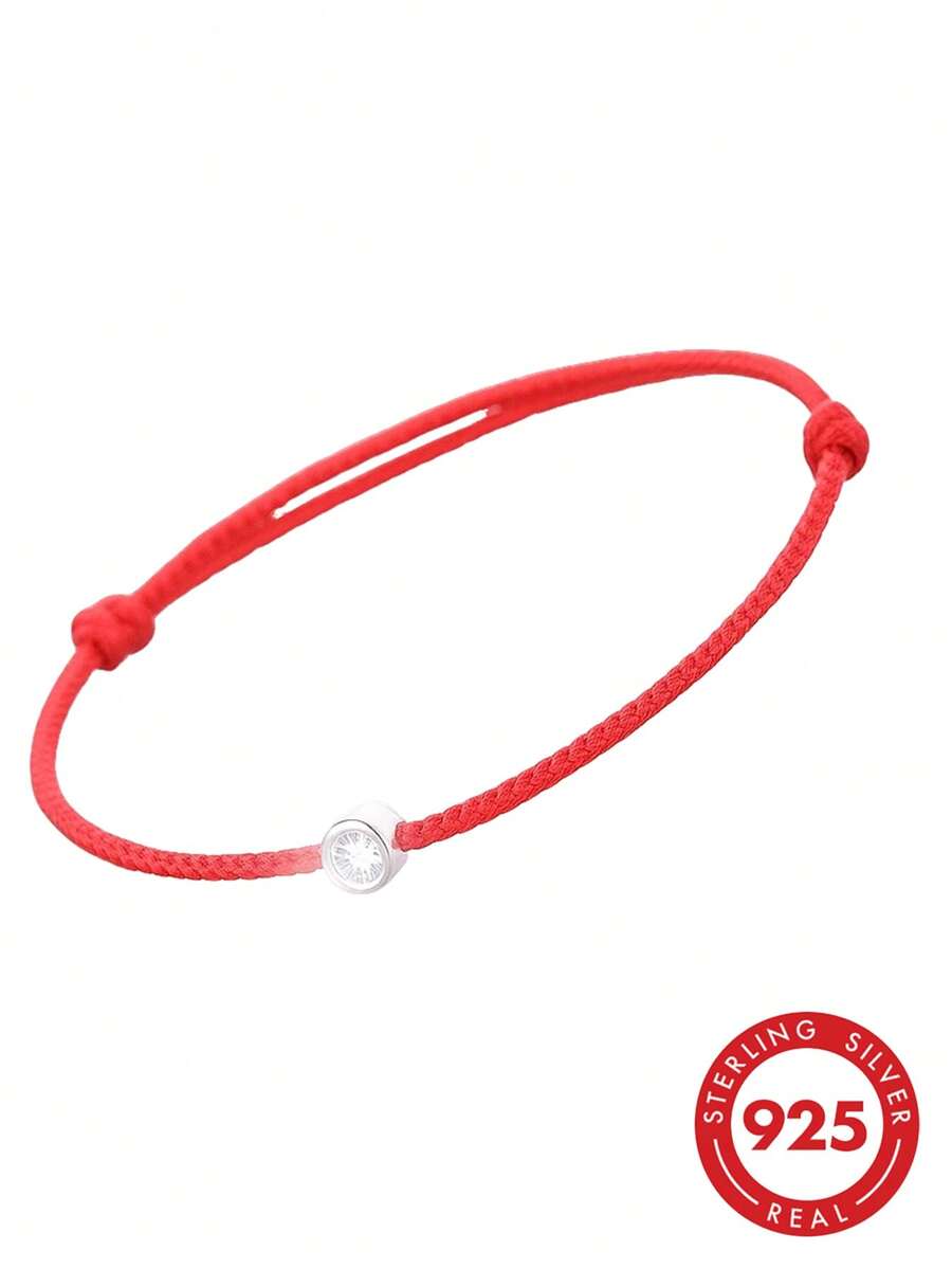 HuooNew 1pc Minimalist 925 Sterling Silver Braided Red Rope Adjustable Bracelet, Suitable For Daily Wear - Red - View 1
