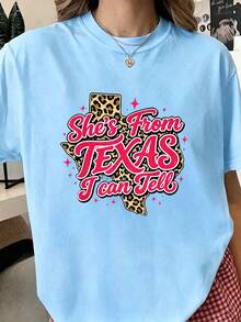 She's From Texas I Can Tell Retro Vintage Texas Girl T-Shirt,Women Summer Casual Graphic T-Shirt - 淺藍色 - 查看 4