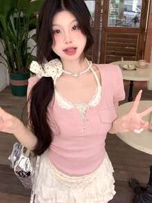 Kaos Wanita Lengan Pendek Motif Bunga Kecil Patchwork dengan Kancing Setengah Plaket, Panel Acak, Kasual Warna Pink Musim Panas - Berwarna merah muda - View 4