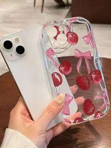 1pc Transparent 3D Wave Texture Phone Case With Red Cherry And Bow Pattern, Compatible With 17Promax/16Promax/15Promax/17Pro/16/15/14/13/12/11 - Clear - View 1